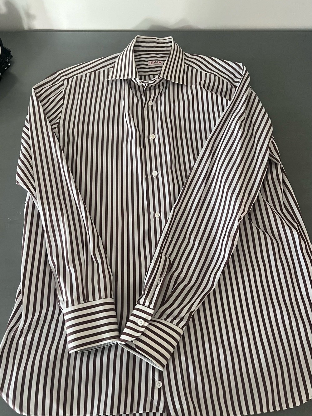 Isaia Men's Brown and White Vertical Stripe Dress Shirt